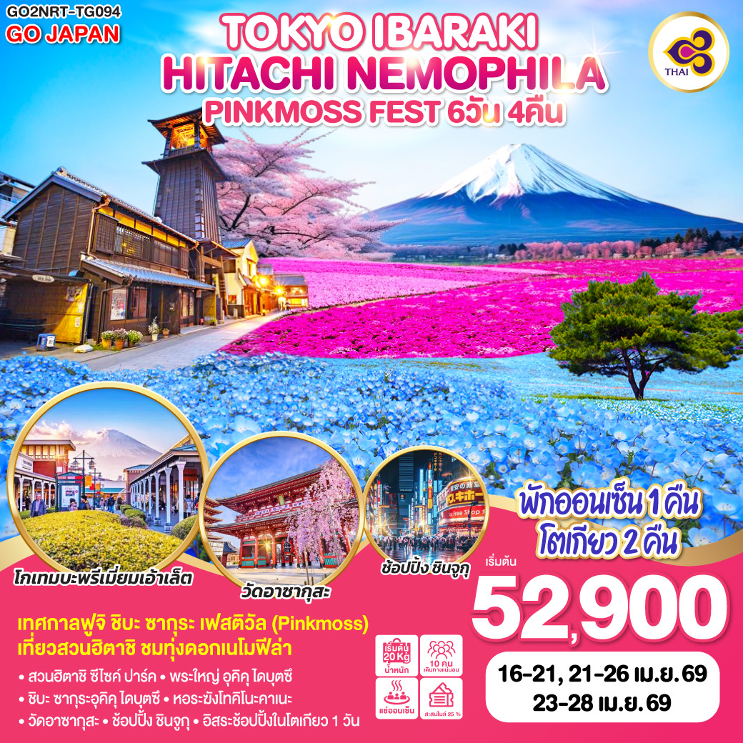 ทัวร์ญี่ปุ่น TOKYO IBARAKI HITACHI NEMOPHILA & PINKMOSS FEST 6วัน 4คืน (TG)