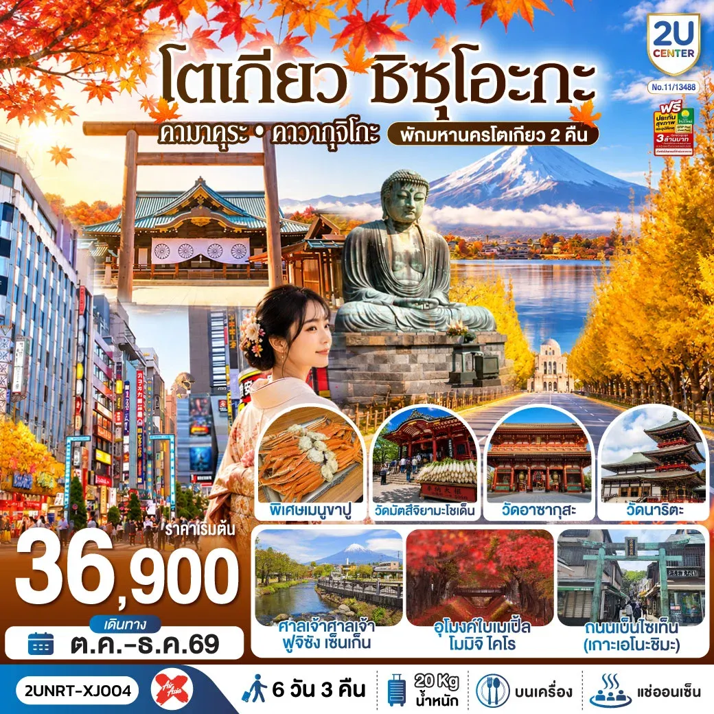 ทัวร์ญี่ปุ่น โตเกียว ชิซุโอะกะ คามาคุระ คาวากุจิโกะ พักมหานครโตเกียว 2 คืน 6 วัน 3 คืน สายการบิน ไทยแอร์เอเชีย เอ็กซ์ 6วัน 3คืน (XJ)