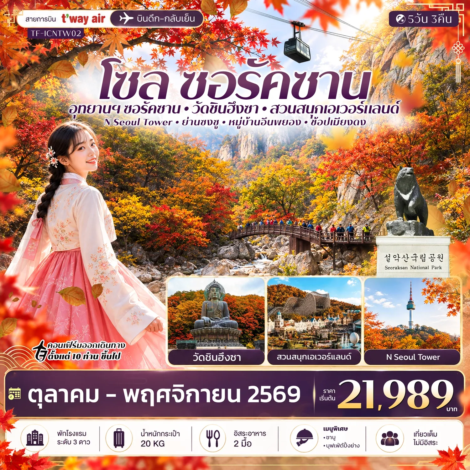 ทัวร์เกาหลี เกาหลี โซล ซอรัคซาน สวนสนุกเอเวอร์แลนด์ 5วัน 3คืน (TW)