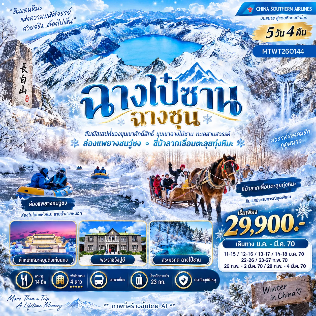 ทัวร์จีน สัมผัสเสน่ห์ของขุนเขาศักดิ์สิทธิ์ ขุนเขาฉางไป๋ซาน ทะเลสาบสวรรค์ ขี่ม้าลากเลื่อนตะลุยทุ่งหิมะ ทุ่งป่าดงดิบที่ปกคลุมด้วยหิมะบริสุทธิ์ ล่องแพยางชมเกล็ดหิมะวู่ซง ความมหัศจรรย์แห่งฤดูหนาว 5วัน 4คืน (CZ)
